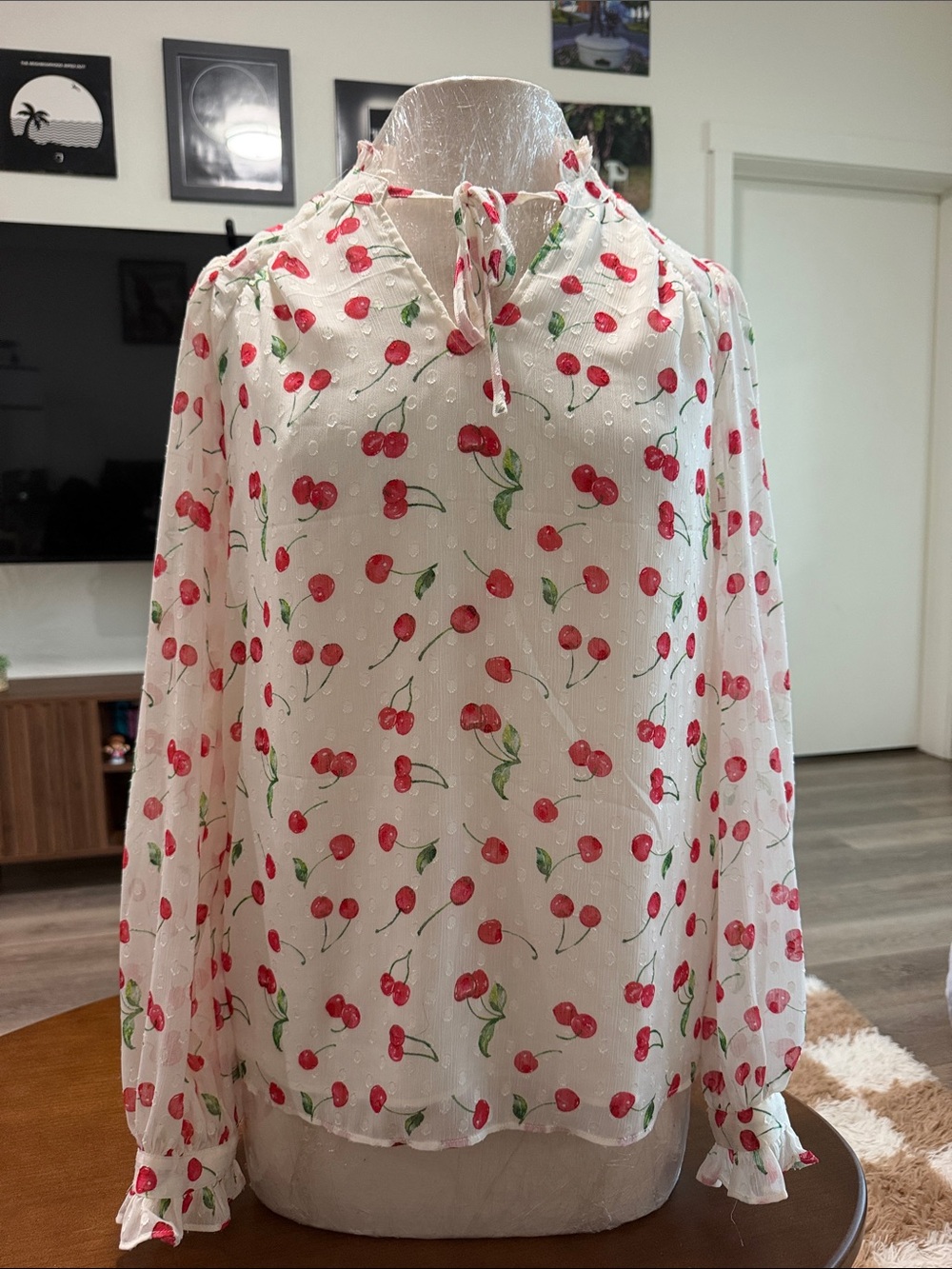Cherry Print Long-Sleeve Blouse - White